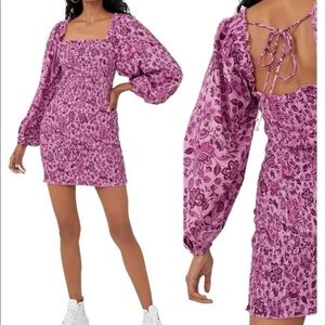 Free People Smock It To Me Mini Dress Purple Printed Fabric Puff Sleeves Size M